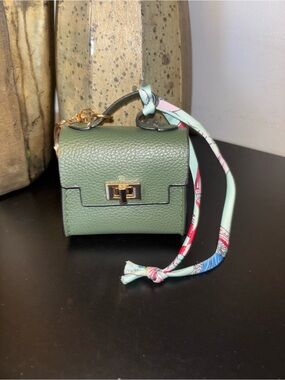 Charm- Green Mini Leather Bag  Charm with Twill Strap